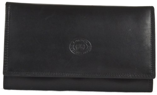 Ladies Soft Real Nappa Leather Long Flap-over Purse with Inner Flap pockets (Black)
