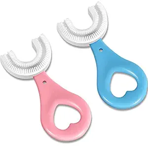 Meldors U-Shaped Toothbrush for Kids Manual Whitening Toothbrush Silicone Brush Head for Kids Children Infant Toothbrush For 2-6 Years Children Mouth-Cleaning (Pink & Blue)