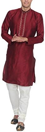 Indian Traditional Mens Silk Blend Neck Thread Embroidery Kurta Pyjama Set