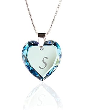 Kinderkette 925 Silber mit SWAROVSKI ELEMENTS Herzanhänger Farbe Blue AB und Gravur Buchstabe