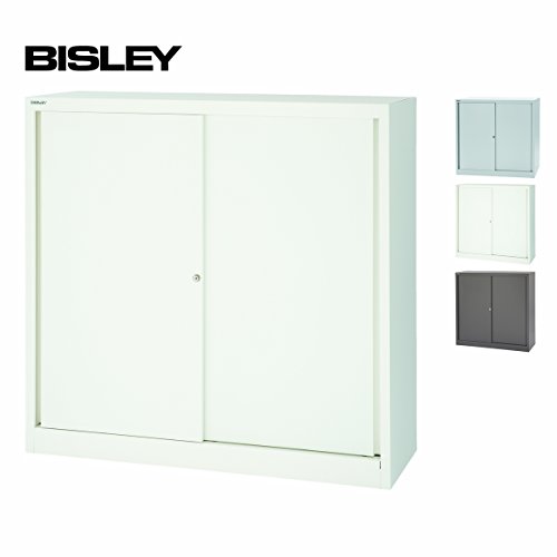 BISLEY Schiebtürenschrank | Aktenschrank | Werkzeugschrank | Schrank mit Schiebetüren aus Metall abschließbar inkl. 2 Einlegeböden | ECO Stahlschrank in Weiß, Höhe = 118.1cm | 3 Ordnerhöhen