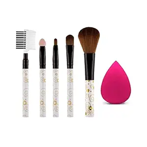 Womens & Girls KTABRIZ White 5Pcs LightWeight Makeup Brushes Set and 1 Pink Beauty Blender - (Pack of 6)