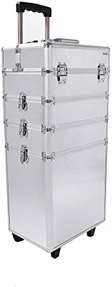 Cherryou 4 in 1 Large Aluminium Beauty Rolling Universal Multifunctional Trolley Trunk Vanity Cosmetic Case Professional Portable Travel Make up Cosmetic Box Bag (Silver)