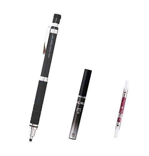 Crayon mécanique Uni Kuru Toga à rotation automatique - 0,5 mm - Corps métallique (M5-10171P.43) avec 20 mines de rechange seulement pour le Kuru Toga et gomme à effacer (lot de 5)