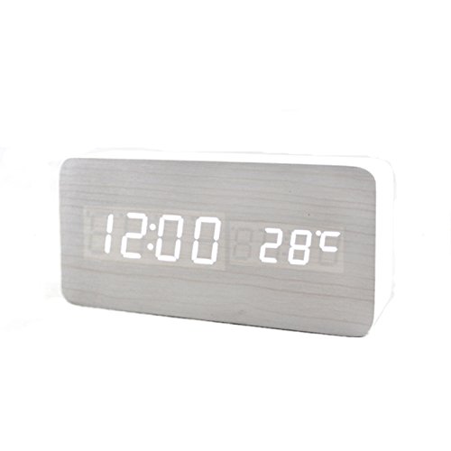 Ailiebhaus Holz-Wecker, digital, Schreibtisch-Wecker, Touch-Sound-Sensor, LED-Display, WhiteWhite, M
