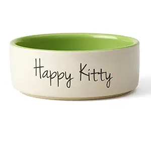 PetRageous 17008 Happy Kitty Stoneware Dishwasher Safe Cat Bowl 2-Cup 5-Inch Diameter 2-Inch Tall for Cats and Cats, 16-Ounce, Off-White