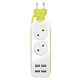 Glisteny Multiprise 2 Prises+4 Ports USB - Câble 1.5m, Multiprise de Voyage, Multiprise USB Électrique, 1200W-10A(Max) 250V, Multiprise Parafoudre, Blanc-Vert