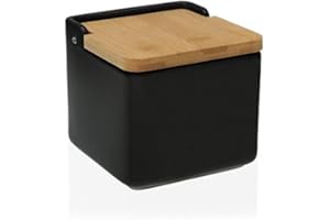 DRW Salero original cerámica cuadrado con tapa madera 12x12x12 cm (Negro)