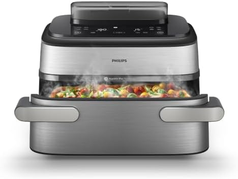 Philips Airfryer Serie 5000 con Maxi Capacità e Funzione Vapore – SteamFry, Vapore e Frittura ad Aria – 28 Programmi di Cottura, Doppio Scomparto 3L+6L, RapidAir Plus, SteamClean (NA565/00)
