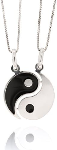 Pair of Venetian Necklace 45CM and Pendant Divisible Yin Yang 925 Sterling Silver and Black Enamel