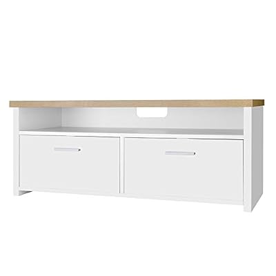 SONGMICS Meuble TV avec Compartiments et Portes battants, Buffet Bas Téléviseur, enregistreur DVD, Blanc + Couleur de Bois, LTC01WN