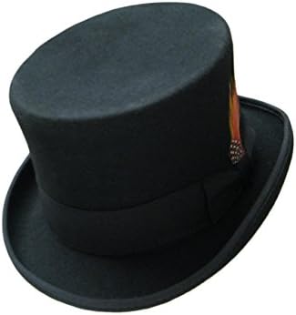 Maz Accessories Black 100% Wool Felt Hand Made TOP HAT with Satin Lining Bow Band and Feather (XL (61cm))
