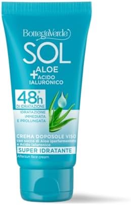 Bottega Verde - SOL Aloe Acido Ialuronico, Crema Doposole Viso, 50 ml, Super Idratante, con Aloe Iperfermentata e Acido Ialuronico, Prolunga l’Abbronzatura, 97% Ingredienti Naturali, Formula Vegana