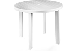 Dekohome Mesa Plastico Jardin, Mesa para Exterior, Interior, Comedor, para 4 Pesonas, Máxima Resistencia y Fácil Limpieza, Color Blanco, 90cm diámetro