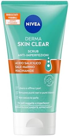 NIVEA Derma Skin Clear Scrub Viso Anti-Imperfezioni 150 ml, Scrub esfoliante per la cura della pelle grassa e mista con Acido Salicilico, Sale Marino e Niacinamide, Esfoliante viso e corpo purificante