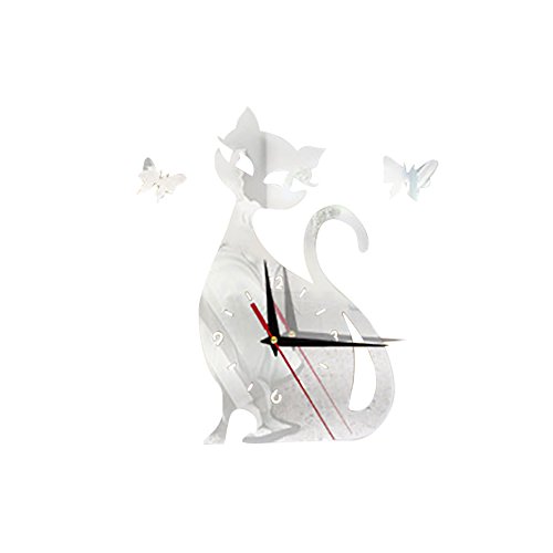 DKEyinx Sitting Cat Butterfly Silent 3D Wall Clock for Kids Bedrooms, Quartz Removable Sticker, Creative Home Decoration, 30cm x 34cm - Silver