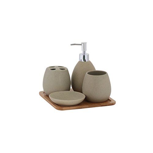 axentia 126822 Bad-Set Avignon, Badausstattung, WC-Zubehör aus hochwertiger Keramik und Bambus, braun, 23 x 30 x 11 cm