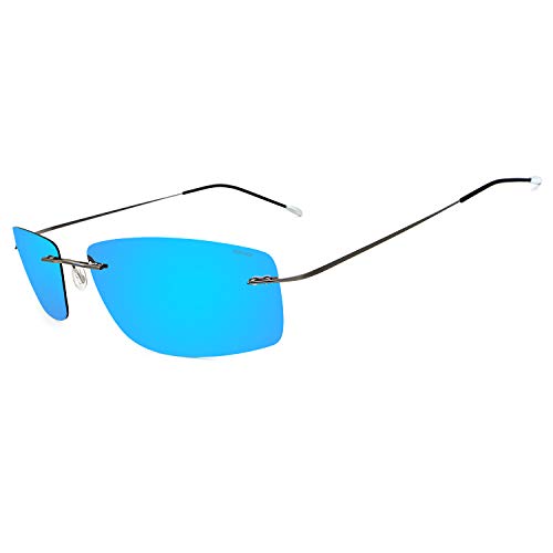 RONSOU Titane Lunettes de Soleil Polarisées de La Mode pour Hommes Sans Monture Ultra-légères_Monture Gris Verres Bleues(Miroir)