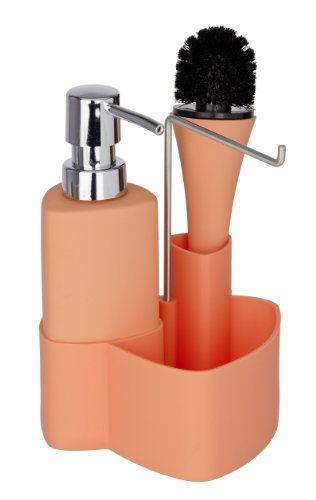 WENKO 3620123100 Spül-Set Empire – Spülmittelspender, Spülbürste, Handtuchhalter, Fassungsvermögen 0.25 L, Soft-Touch Keramik, 11 x 19 x 12.5 cm, Orange - 4