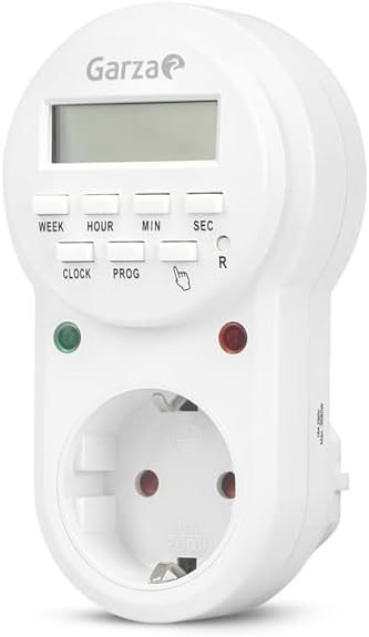 Garza - Enchufe Temporizador Programador Digital, Programable 24 horas/7 días, 8 programas, Protección infantil