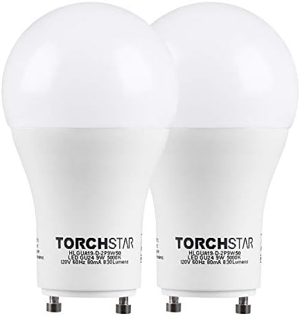 2-Pack Dimmable 9W GU24 Base A19 LED Light Bulb, ENERGY STAR UL-Listed LED GU24 Bulb, 60W Incandescent Equivalent, 830lm, 5000K Daylight, 310° Omni-directional for Replacing CFL and General Lighting
