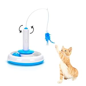 Vealind Juguete Interactivo para Gato con Pluma giratoria eléctrica de 360° y Bola de Timbre con Anillo (2 recambios de Plumas)