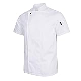 Camisa de chef de manga corta, color sólido, bolsillo del termómetro en el brazo izquierdo, bolsillo doble en el pecho, botón cubierto.