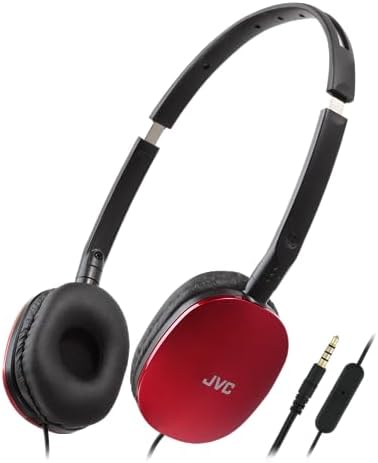JVC HA-S160M-R - Cuffie pieghevoli e compatte in colore lucido, con interruttore per microfono on/off, ideali per telelavoro e seminari online (rosso)