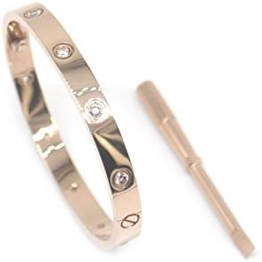 Fashion Gold Plated Stainless Steel CZ Stone Love Style Bangle Bracelet with Screwdriver (Rose in size 16)