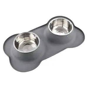 Guardians Dog Food Mat Stainless Steel Dog Bowls, No Spill Non-Skid Silicone Mat Pet Feeder Bowl Small Animals, 2 Medium Bowls (2 x 13.5oz), Grey