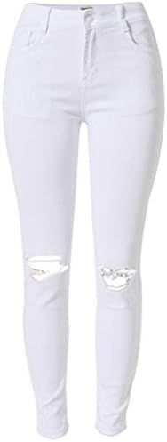 Women'S Casual Pants High Waist White Denim Loose Straight Knee Holes Worn Trouser , White , 40