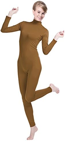 Unisex Lycra Spandex Unitard Mock Neck Long Sleeves Footless Elastane Bodysuit Costume (Brown, L)