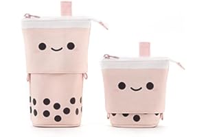 TOYESS Stand Pencil Holder,Telescopic Cartoon Cute Milk Tea Pencil Case Cosmetic Durable Canvas Stationery Makeup Bag for Boys Girls Students and Office Supplies,Pink