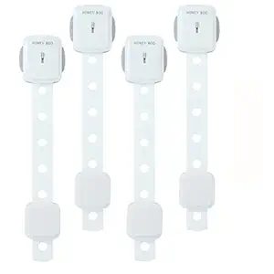 Honey Boo Child Safety Locks - Baby Proofing Locks for Cabinets, Drawers, Fridge, Toilet Seats, Furniture | No Tools or Drilling -Adjustable Size/Flexible -Adhesive Furniture Latches | Pack of 4, White Color