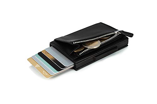 ÖGON Smart Wallet - Portefeuille Cascade Zipper Wallet - Accès instantané aux Cartes - Jusqu'à 8 Cartes + Billets - Aluminium et Cuir Italien - Pochette extérieur pour Votre Monnaie (Full Black)