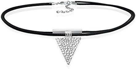 choker collar necklaces with Pendant triangle charm black Leather silver double Layer for Women
