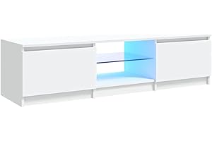 vidaXL Meuble TV avec éclairage LED, Blanc, 140x40x36 cm, Panneaux de Bois & Verre trempé, Support TV Jusqu’à 60", Buffet Bas avec étagères, Meuble Moderne de Salon
