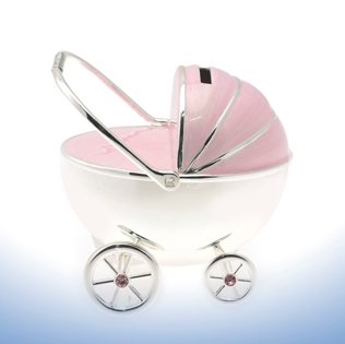 Spardose in Kinderwagen-Form, versilbert, rosa emailliert