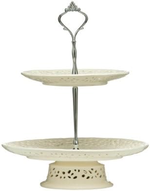 Ceramic Lace 2 Tier Cream Cake Plate Made of Durable Ceramic