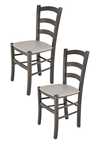 Tommychairs - Set of 2 chairs Venice suitable for Kitchen and Living Room, structure in beech wood, colour dark grey aniline and upholstered seat covered in light grey artificial leather