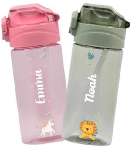 Gutmarkiert Kindertrinkflasche personalisiert - mit Strohhalm 450 ml | Auslaufsicher - spülmaschinenfest - BPA-frei - robust - für Kita - Schule und Kindergarten - für Jungen und Mädchen
