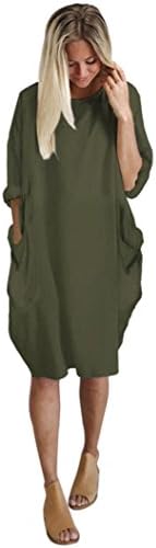 Long Tops Dress, New Womens Fashion Plain Loose Dress Shirt Blouse With Pocket Ladies Crew Neck Casual Long Tops Dress Plus Size (Army Green, L)