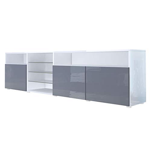 Meuble TV Bas Granada V2, Corps en Blanc en Haute Brillance/Façades en Gris Haute Brillance