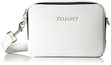 White compact crossbody bag from Tommy Hilfiger. Signature coloured tape along zip fastening. Detachable, adjustable cross body strap. Gold-tone branded hardware. Lined interior with a zipped pocket. Gold-tone Tommy logo on the front.PolyurethaneDimension