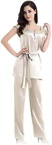 Fairylotus Elegant Square Neck Cap Sleeve 22 Momme Silk Lady Pajamas Include Pants and Nightshirt