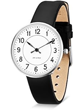 Arne Jacobsen 53401 Unisex-Armbanduhr, Quarzuhr, mit weißem analogem Zifferblatt, schwarzes Lederband