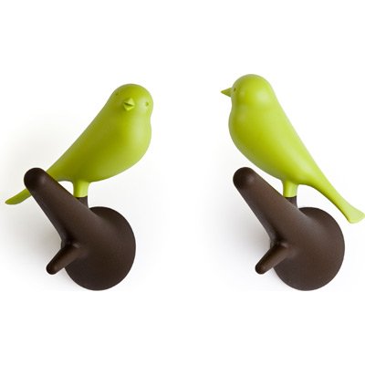 Qualy QL10067BR-G Pack of 2 Wall Hooks in Sparrow Design Brown/Green