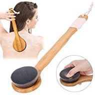 Bath Brush Body Brush back scrubber for Exfoliating and Cellulite Reducing Bamboo Long Handle Shower Brush for Wet &amp; Dry Skin Brushing Back Scrubber Body Massager for Men and Women Super Soft Natural Bristles with Beads for Massage (Flat Head, Black)