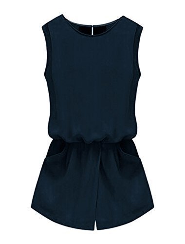Allegra K Women Sleeveless Cut Out Back Elastic Waist Romper Navy Blue M