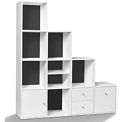 IDMarket - Meuble de rangement escalier 4 niveaux bois blanc fond gris avec porte et tiroirs